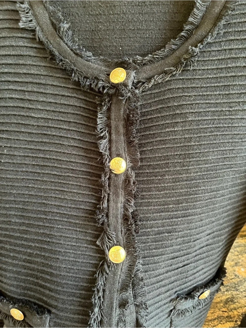 J. Crew Black Ribbed Fringe-Trim Gold-Button Cardigan